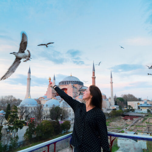 tourist girl feeding seaguls in front of hagia sophia cathedral church, Istanbul Turkey